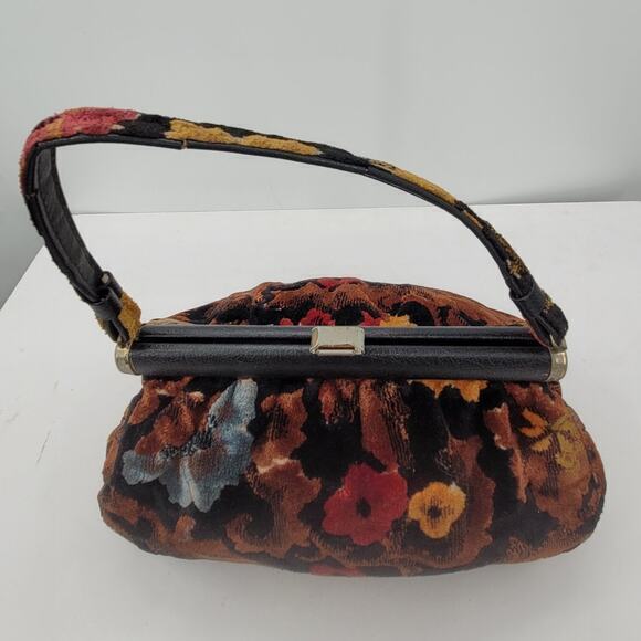 RJ Vintage 50s/60s Velvet Carpet Fabric Floral Top Handle Frame Handbag Purse - Picture 4 of 13